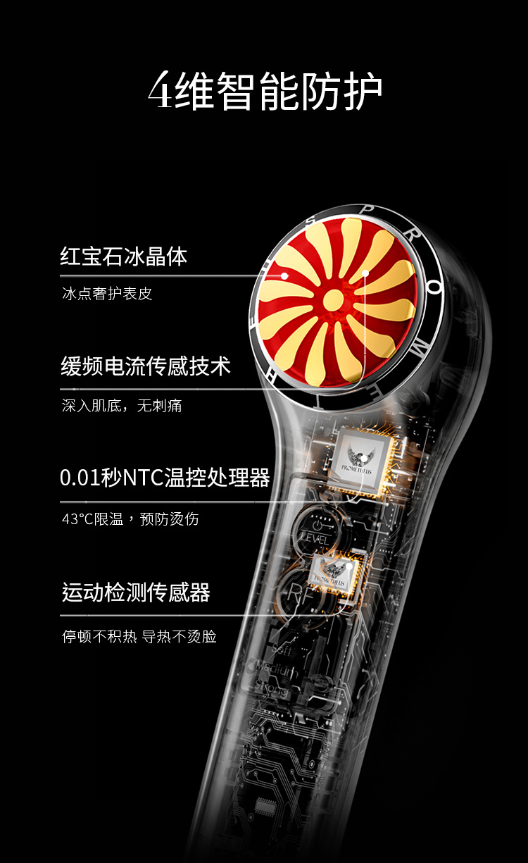 4維智能防護，紅寶石晶體，紅寶石緩頻電流傳感技術，0.01秒NTC溫控處理器，運動檢測傳感器