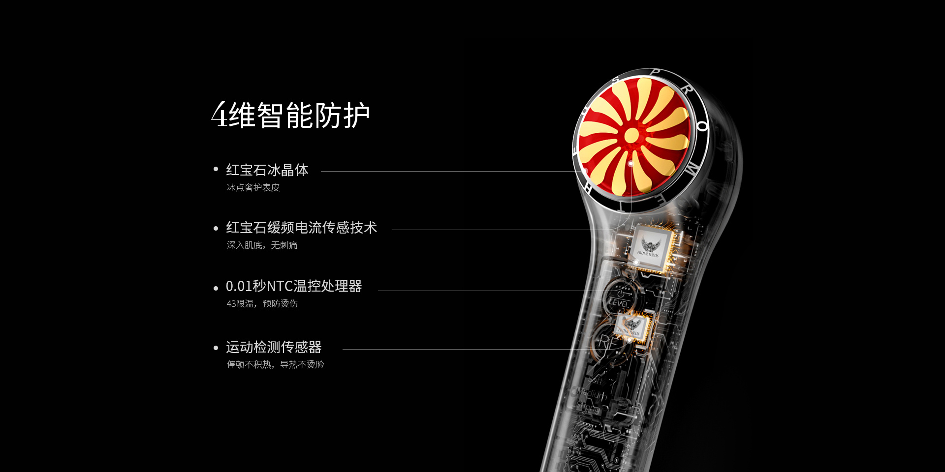 4維智能防護，紅寶石晶體，紅寶石緩頻電流傳感技術，0.01秒NTC溫控處理器，運動檢測傳感器